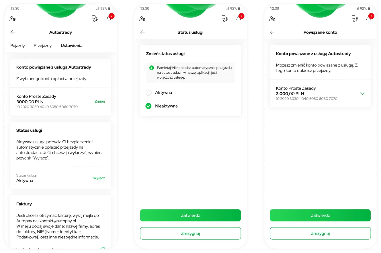 Service settings — linked account, activation toggle, and invoice requests