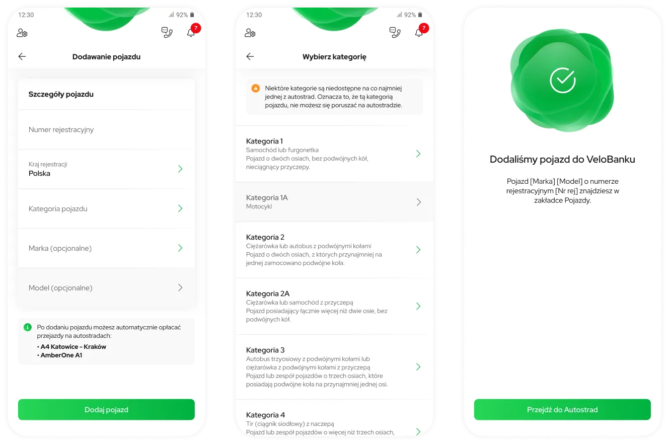 Vehicle management — registration details, category selection, and status