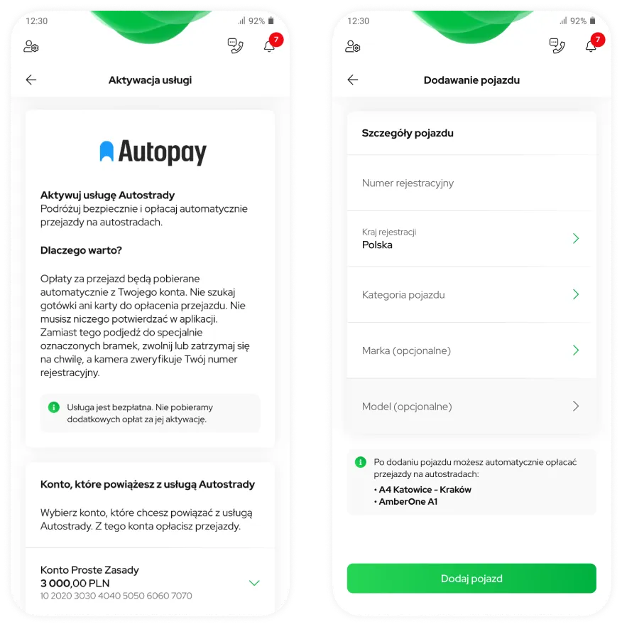 Service activation — AutoPay consent flow and vehicle onboarding screens