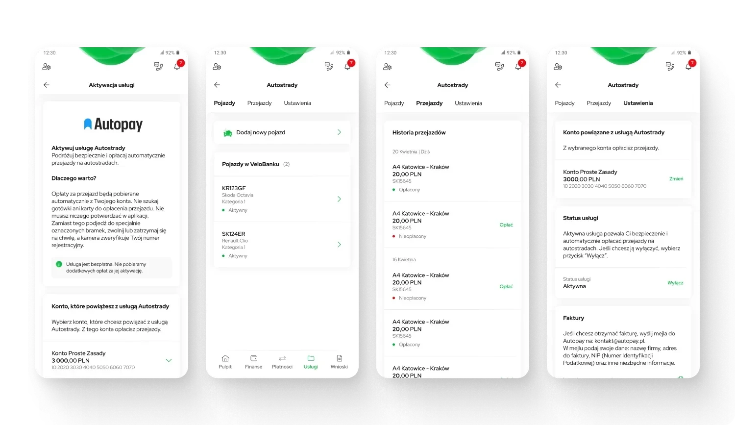 Four areas of the service: activation, vehicles, trips and settings