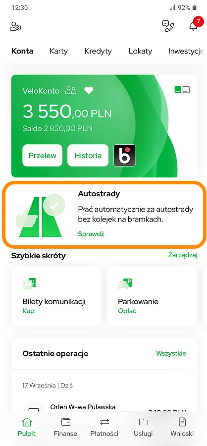 Autostrady banner highlighted on the VeloBank dashboard