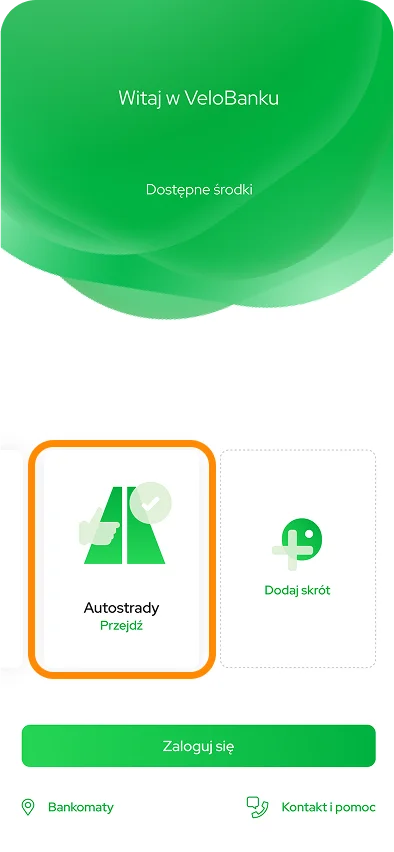Autostrady shortcut highlighted on the screen before login