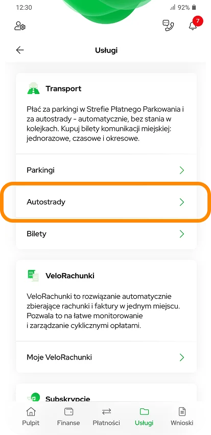 Autostrady highlighted in the Services list