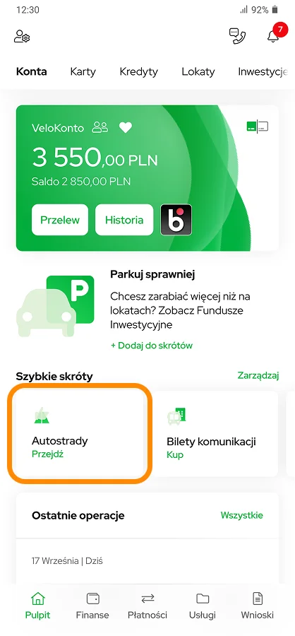 Autostrady quick shortcut highlighted on the VeloBank dashboard
