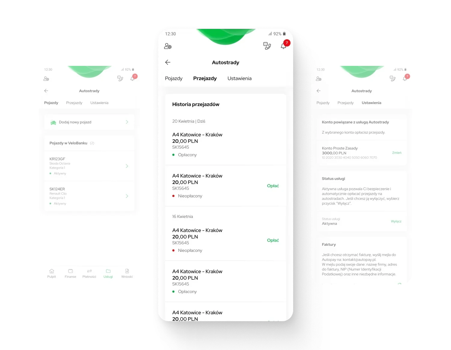 Trip history with payment status, between the vehicles and settings screens
